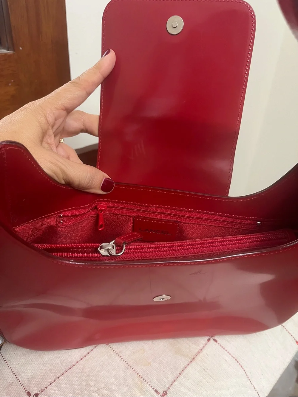 Red Leather medium structured Lancel Shoulder Bag